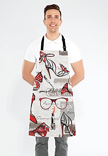 Lefolen Fashion Girl Apron, Watercolor Red Lipstick Perfumes High Heels In Vintage Background For Woman Unisex Kitchen Bib With Adjustable Neck For Cooking Gardening,Adult Size #TOP3