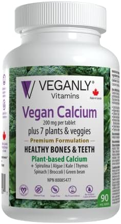 VEGANLY Vegan Calcium Plus 7 Plants & Veggies. 90 veggie tablets. Canadian. Plant-based Calcium Supplement for Bone Health & Teeth Health. (NPN80085477)