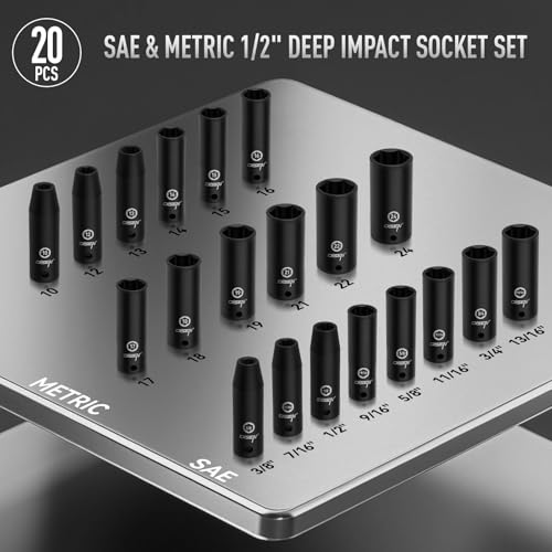 Image of DISEN 20PCS 1 /2 inch Impact Socket Set, Deep Sockets SAE 13 /16 inch-3 /8 inch & Metric 10-24mm, 6-Point Cr-V & Alloy Steel, 1 /2 Inches Drive Impact Socket Set,Rugged Construction, Enhanced Storage Case