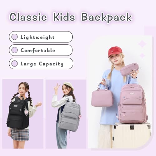 Bansusu 3Pcs Girls Backpack and Lunchbox Set for School Kids, Solid Color School Bag Plain Backpack for Girls with Lunch Bag, Grey