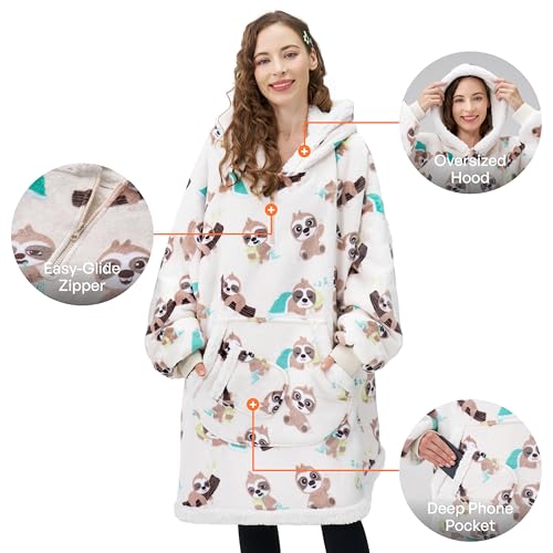 Image of Giggling Getup Wearable Blanket Hoodie for Adults Gifts for Teen Girls Sister Women Sherpa Fleece Printed Hooded Blanket Sweatshirt Warm Cozy with Pocket & Sleeves Cream Sloth