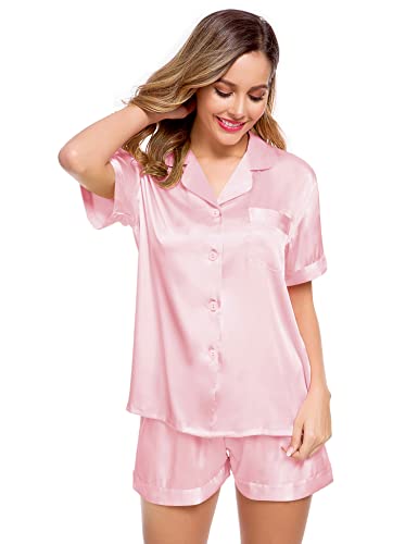 Image of LecGee Womens Silk Satin Pajamas Short Sleeve Loungewear Two-Piece Sleepwear Button-Down Pj Set