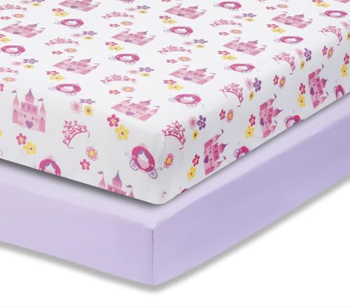 Image of Everyday Kids 2 Pack Fitted Girls Crib Sheet, 100% Soft Breathable Polyester Baby Sheet, Fits Standard Size Crib Mattress 28in x 52in, Nursery Sheet - Princess /Lavender
