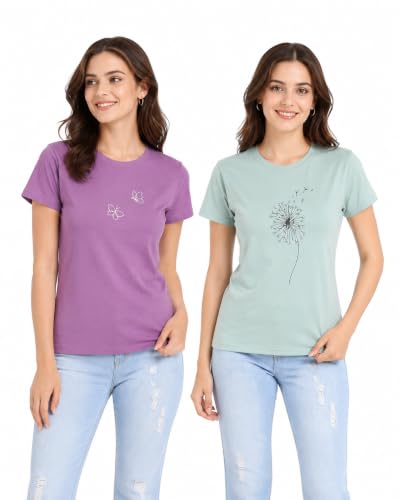 Image of Women's Slim Fit Graphic Printed T-Shirt | Soft 100% Cotton Fabric | Round Neck Half Sleeve Casual Top, Travel & College Pack of 2 Set