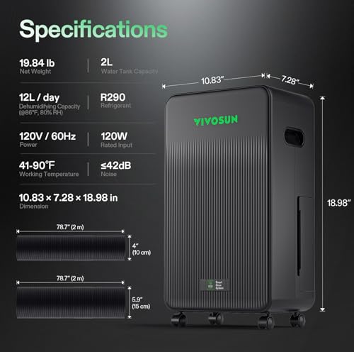 VIVOSUN AeroDrain D12 Smart Environmental Dehumidifier, up to 12L/day, 2L Water Tank, with Temperature & Humidity Sensor Probe, Smart Remote Control, Designed for Grow Tents — view 6