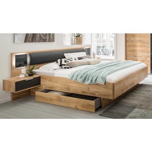 Lomadox Bettanlage Bett Doppelbett 160cm mit 2 Bettschubladen, Nachtschränken, Beleuchtung und Polsterkopfteil, Graphit und Eiche