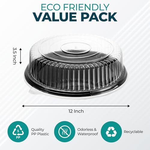12\" Catering Trays With Lids [3 Pack] - Black Serving Tray, Clear Lid, Plastic Disposable Round Party Platters, Flan Containers, Dessert Sandwich Cookie Food Trays for Parties - Thumbnail 2