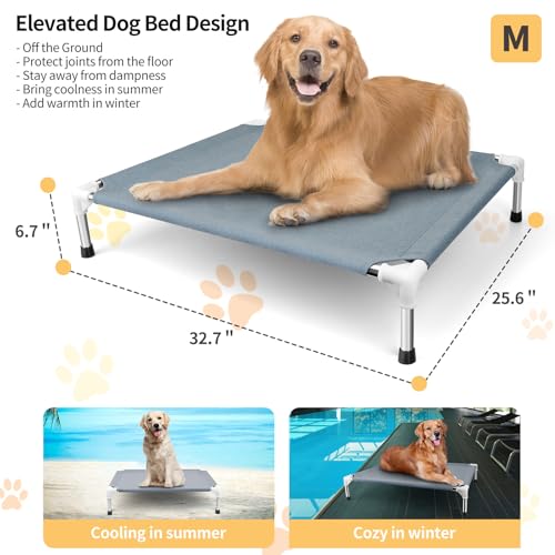 Elevated Cooling Dog Bed, Raised Outdoor Dog Bed for Medium Dogs, Portable Pet Cots with No-Slip Rubber Feet, Double Layer Polyester Cotton