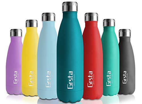 Grsta Borraccia Termica Isolante in Acciaio INOX per Acqua, Borracce Termiche 500ml/Tutto Verde Malachite, Bottiglia Termica Senza BPA per Bambini, Scuola, Palestra, Sport, Bici, Lavoro e Viaggio