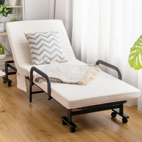 Komfott Folding Rollaway Bed With 3.5" Mattress For Adults, Portable Guest Bed With 6 Positions Adjustable Backrest, Foldable Reinforced Steel Frame Rolling Bed With Side Storage Pocket (75.5" X 30") #TOP5