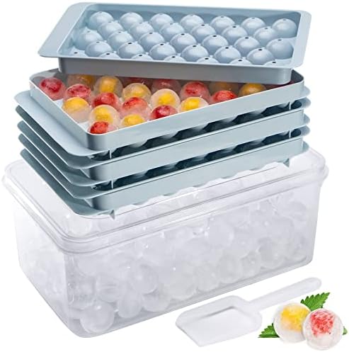 Zimmoo Ice Cube Tray, Round Ice Cube Trays for Freezer with Lid & Bin, 1.2 IN X 99 PCS Sphere Ice Ball Maker Molds Circle Ice Tray for Whiskey Cocktails Drinks (3 Trays 1 Ice Container and Scoop)