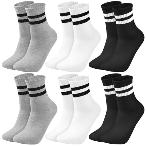 Cooraby - Cooraby 6 Pairs Unisex Kids Crew Socks Boys Girls Athletic Socks with Retro Stripes Soft Cotton Socks Black White Grey