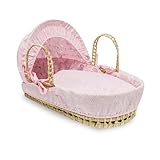 Kinder Valley Moses Basket Bedding Set Dressing Cover and Hood with Quilt, Padded Liner, Body Surround and Adjustable Hood (Basket Not Included) (Pink Broderie Anglaise No Frill)
