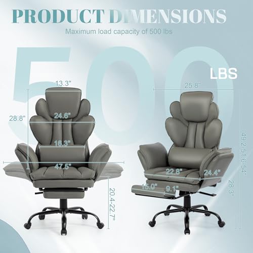 Image of Flip Armrests Criss Cross Office Chair, Reclining Office Chair with Foot Rest, Adjustable Headrest, Massage Waist Pillow, Cross Legged Big and Tall Desk Chair Wide Seat Vanity Chair, Grey PU Leather