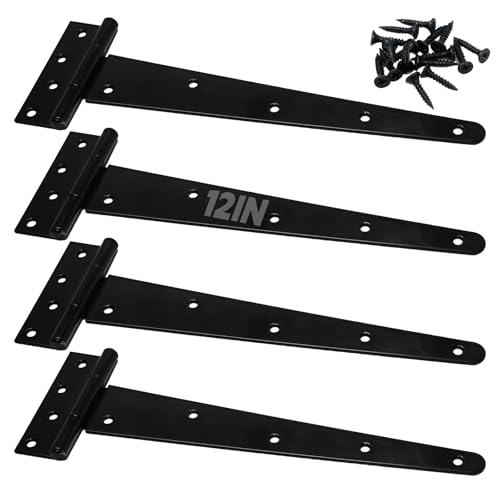 4Pcs 12-Inch Heavy-Duty Door Hinges, Rust-Resistant Heavy-Duty T-Hinges, Suitable for Shed Doors, Barn Doors, and Fence Gates, Made of Wrought Iron, Each Set Can Support 110 Pounds.