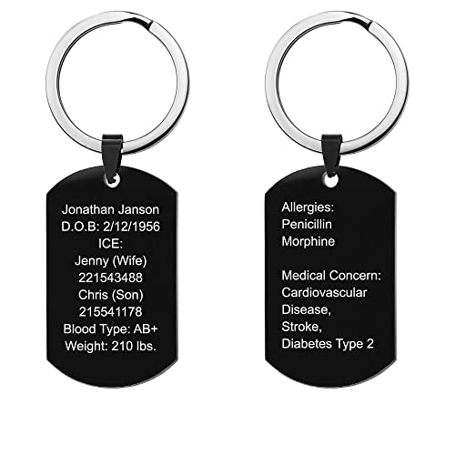 Qina C. Personalised Medical Alert Med Id Identification Emergency Engraved Custom Black Dog Tag Military Pendant Keychain Keyring for for Men Women Teen Allergy