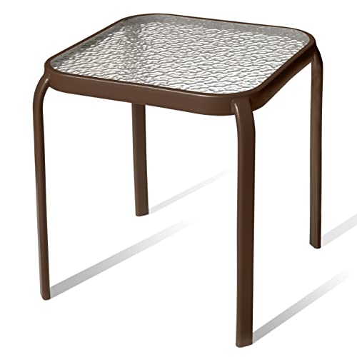 PROLISOK Metal Side Table with Tempered Glass Top – Home Furniture for Patio, Pool & Balcony – Small 16” Outdoor End Table – Square Coffee Table in Bronze