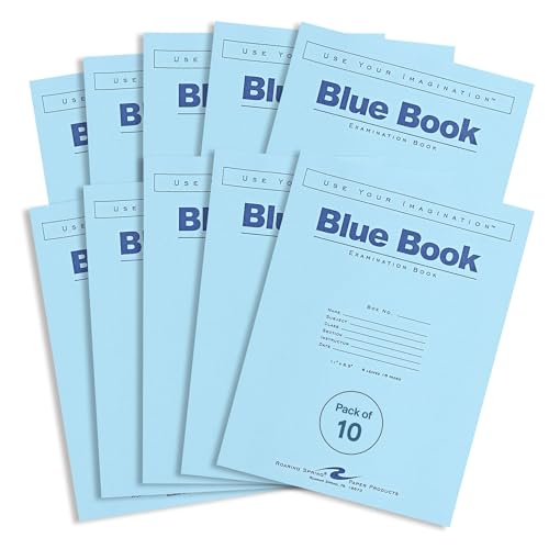 ROARING SPRING Exam Blue Books, 10 School Examination Booklets, 11' x 8.5', 8 Sheets/16 Pages, Wide-Ruled with Margin Student Testbook, Made in USA