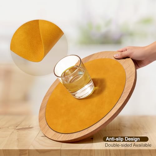 Image of UnivoColors Placemats Round Faux Leather Placemats Set of 8-Waterproof-Wipe Clean-Heat Resistant-Anti Slip Dining Table Place Mats,Suitable for Indoor & Outdoor Use,15 inch.Retro Yellow