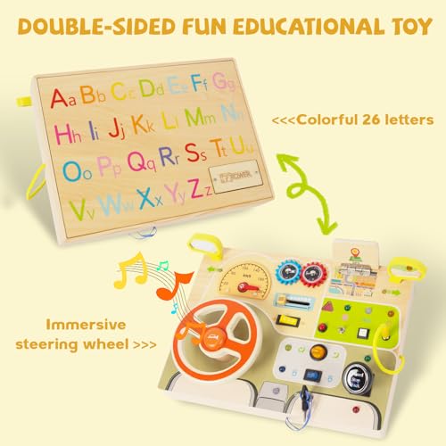 Image of Montessori Busy Board for Toddlers Baby Busy Board Car Steering Wheel Wooden Sensory Board Travel Toys for Fine Motor Skill Gift for 3+ Years Old Boys Girls Christmas Birthday Parents
