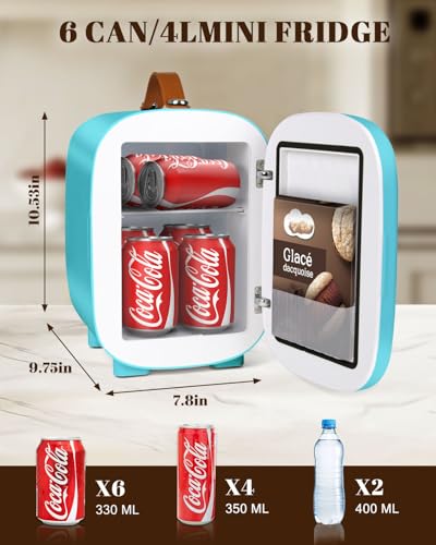 Image of FANSEXPERT Mini Fridge for Bedroom, 4 Liter /6 Cans Skincare Small Refrigerator, AC /DC Portable Mini Cooler & Warmer, Small Fridge for Camping, Dorm, Office, Car (Blue)