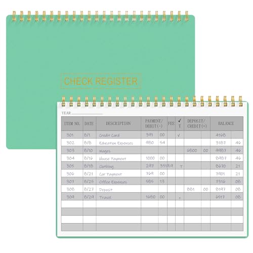 HAUTOCO Check Registers for Personal Checkbook, Transaction Expense Ledger Log Book for Small Business, Checking Account Register Book to Track Payments, Deposits, Finances, 8.4 x 6.2'', Mint Green