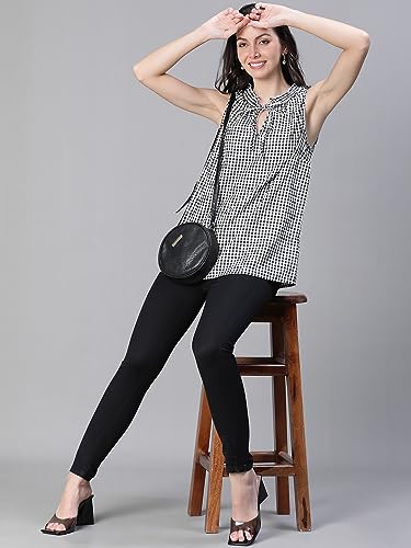 Image of oxolloxo Women Check Print Sleevless Tie Neck Cotton Top