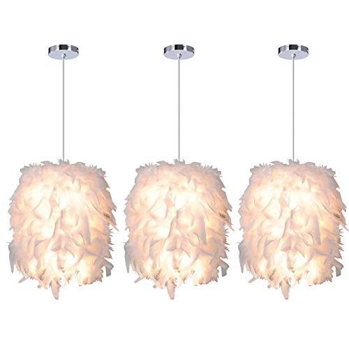 iDEGU Lot de 3 Suspension Luminaire en Plumes Blanche 22cm Lustre Suspension Abat-jour E27 Lampe de Plafon pour Chambre, Salon, Salle à Manger, Restaurant,...