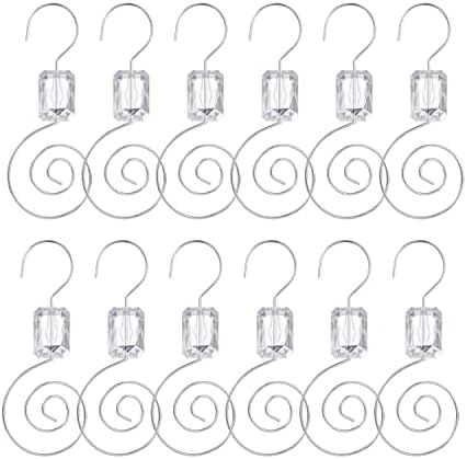 Christmas Ornament Hooks - Set of 24 Clear Beaded Hangers - Decorative Silver Wire S-Hook with Sparkling Gems - Holiday Card Holder Seasonal Decorations (Clear)