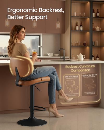 Image of VASAGLE Bar Stools Set of 4, Height Adjustable Kitchen Barstools, Swivel Bar Chairs with Back and Footrest, Quilt PU Leather Surface, Dining Room, Counter, Steel, Caramel Brown ULJB150K101S-2J