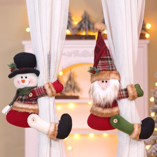 HEIBTENY 2 alzapaños de hebilla de cortina de Navidad, 15 pulgadas, Papá Noel, muñeco de nieve, alzapaños para cortinas, festivos, con brazos abrazados, decoración del hogar