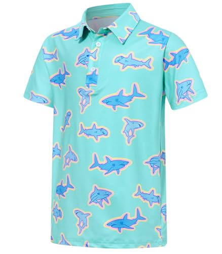 Cuddomper Boys Polo Shirt Size 5-6 Hawaiian Neon Shark Print Short Sleeve Golf Shirts Bright Aqua Performance Dry Fit Tops for Active Casual
