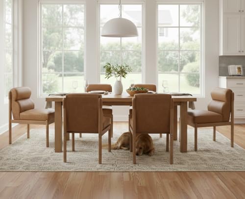 CIMOTA Modern Upholstered Dining Chairs Set of 4, Faux Leather Kitchen & Dining Room Chairs Boucle Armless Side Chairs with Curved Backrest/Solid Wood Legs, PU Brown