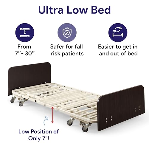 Ultra Low Adjustable Hospital Bed - 7\" - 30\" Height Range, 80\" - 88\" Length Range, 36\" Width - Full Electric Medical Bed with 8 Function Hi/Lo Hand Pendant with Auto Contour - Home Care Use -Mahogany - Thumbnail 3