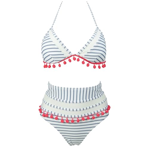 Viloree - Conjunto de bikini para mujer, diseño de cuello en V, triángulo, cintura alta, 2 piezas, Negro Striped, M Taille Tall
