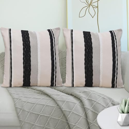 Housse de coussin rayures bohème lot de 2 noir rustique coton lin