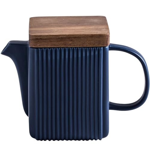Soulnioi Tetera de cerámica, con tapa de madera de acacia, tetera cuadrada de cerámica, tazas de café de porcelana, con infusor de acero inoxidable para el hogar y la oficina, color azul