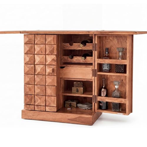 FineBuy Hausbar Akazie Massivholz 65x91x50 cm Weinbar ausklappbar, Kleine Bar modern, Barschrank mit Türen, Spirituosenschrank mit Aufbewahrung für Flaschen und Gläser