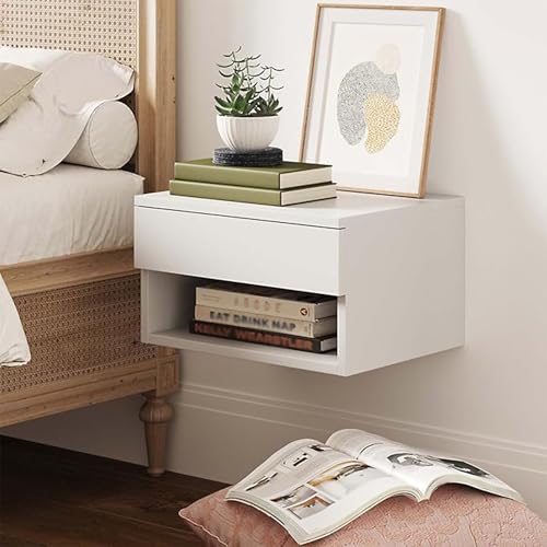 Juego de 2 modernas mesitas de noche flotantes con armario de almacenamiento, mesitas de noche montadas en la pared para dormitorio, sala de estar o dormitorio, elegante estante auxiliar de madera