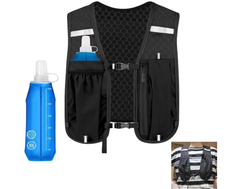 Gaethra Chaleco para correr para hombre y mujer, ligero, con botella de agua, suave, 500 ml, bolsillo para teléfono móvil, mochila de hidratación, correas ajustables en el pecho para trailrunning