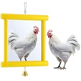 Sadnyy 1 Pcs Chicken Mirror Toys 10.6 x 10 Inch Big Hanging Swing Mirror with Bell Wooden Pecking Toy for Hens Birds Parrots Coop Roosters(Yellow)