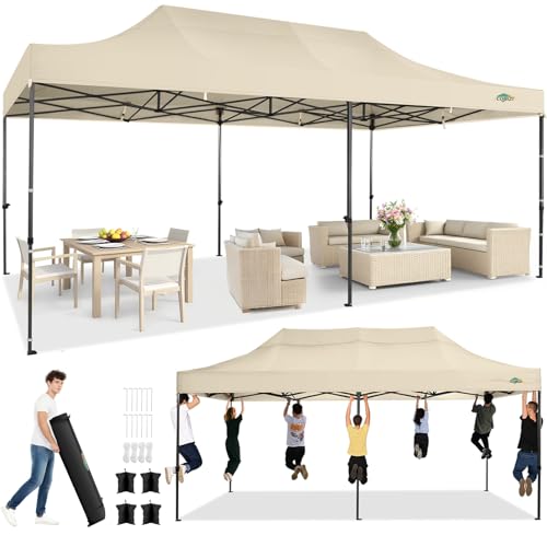 Image of COBIZI 10x20 Heavy Duty Pop Up Canopy Tent with 6 Sidewalls Thicken Frame, Commercial Easy Up Outdoor Wedding Party Tents, All Season Waterproof Windproof with Stakes Sandbags Ropes Roller Bag, Desert