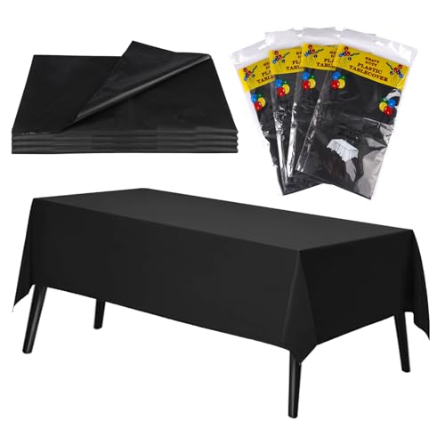 TESSTSY 4 Nappe Noire 137x183cm, Nappe Plastique Ectangulaire ImperméAble, Alternative à la Nappe Papier Noir, Parfaite Nappe Anniversaire et Mariage,...