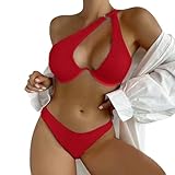 QJDFLL Neuer mehrfarbiger sexy Damen Badeanzug mit geteilter Schulter Bikini Badeanzug(Rot,L)