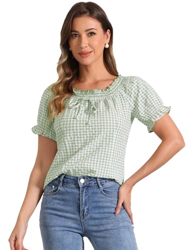 Allegra K Gingham Plaid Blouse for Women St. Patrick's DayPeasant Round Neck Ruffles Puff Sleeve Top Green S
