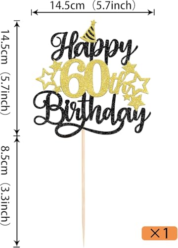 Image of Confetti! Glittering 60th Birthday Cake Topper with Star Hat - Cheers to 60 Years! Fabulous Cake Decorations for elders 60th Birthday & Anniversary Party Supply