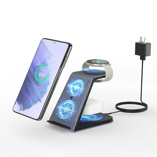 3 in 1 Wireless Charger for Samsung, Wireless Charging Station for Galaxy S25/S24/S23/Z/W Series, Fast Phone Watch Charger for Galaxy Watch 8/8 Classic/Ultra/7/6/5, Phone Charger for Galaxy Buds 3/Pro