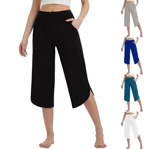 Womens Wide Leg Yoga Cropped Pants UK Sale Clearance, Ladies Elasticated High Waisted Capri Trousers with Pockets, 3/4 Crop Pant Summer Casual Comfy Capris Loose Stretch Lounge Trouser White