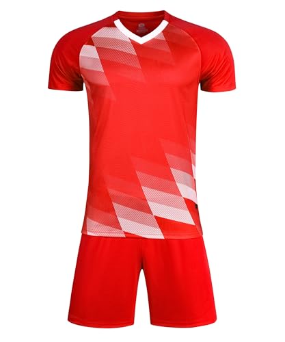 LUCKYLUAN Men's Soccer Jersey Sportswear Outfit Team Training Uniform T-shirt and Shorts Kit Red Medium