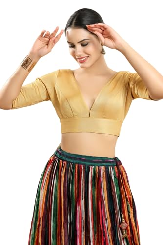 Image of Vamas Women's Silk Padded Self Design Half Sleeve Readymade Saree Blouse (X-1111.ELB)